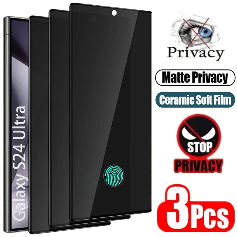 Three black privacy screen protectors for a Samsung Galaxy S24 Ultra, shown with marketing text and icons for matte privacy, ceramic soft film, and 3 pieces.
