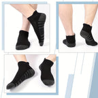Men's low cut athletic socks shown on feet from different angles highlighting the ankle length fit.