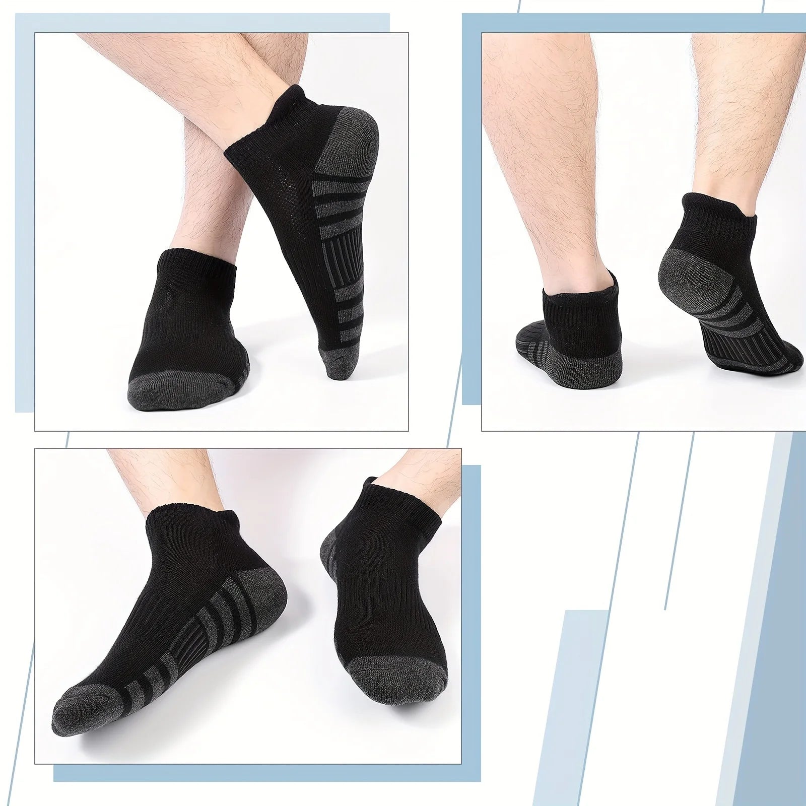 Men's low cut athletic socks shown on feet from different angles highlighting the ankle length fit.