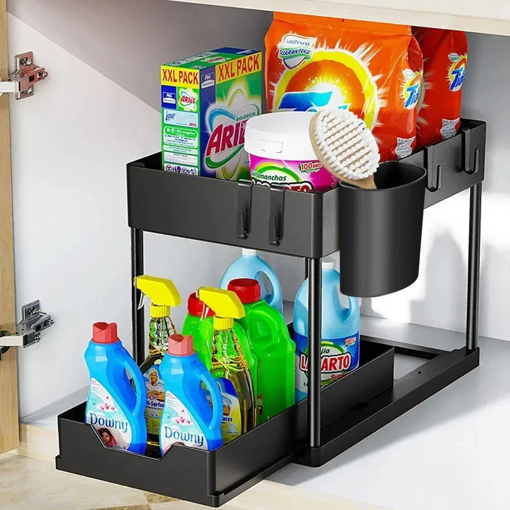 2 Tier Under Sink Organizer Sliding Cabinet Storage Rack with Hooks Main image