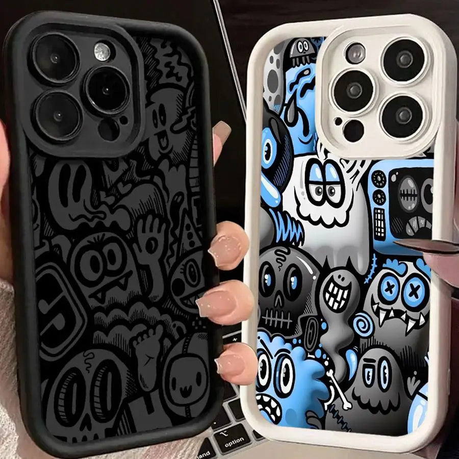 Black Graffiti Silicone Case for iPhone 11 12 13 14 15 16 Pro Max