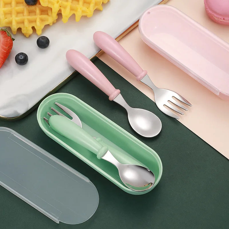 3PCS Kids Stainless Steel Spoon Fork Set with Travel Case