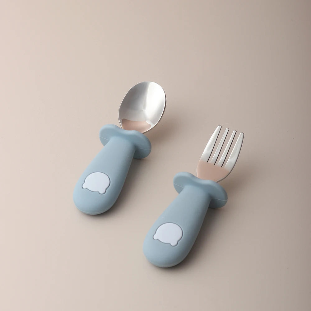 2PCS Baby Learning Spoon & Fork Set Wooden Handle Silicone Cutlery Main image