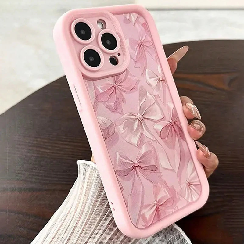 Pink Bow Silicone Case for iPhone 11 12 13 14 15 16 17 Pro Max