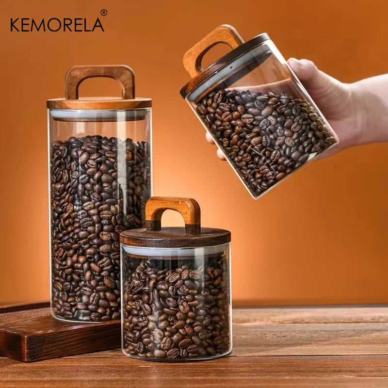 Glass Storage Jar with Wooden Lid Airtight Kitchen Food Container