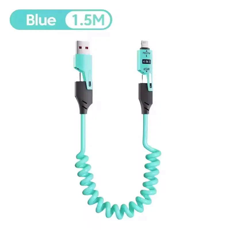 4 in 1 65W Spring Short Data Cable Quick Charger Wire Spring USB Cable for iPhone 16 15 14 13