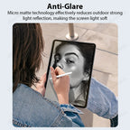 Person using a stylus on a tablet with anti-glare screen technology highlighted