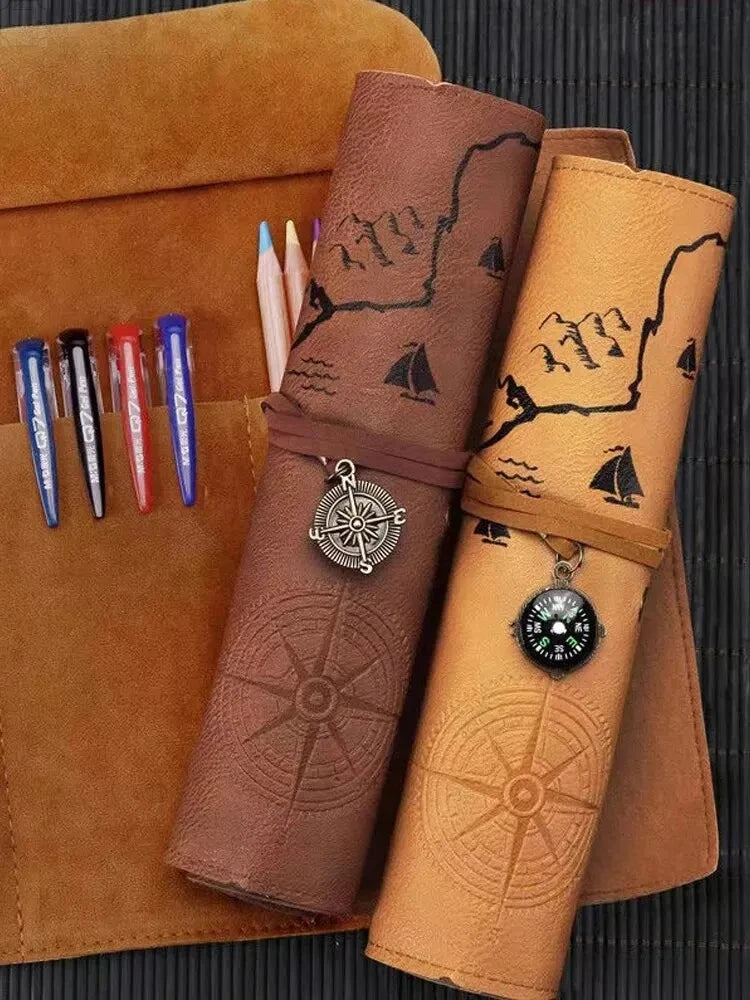 Vintage Treasure Map Pencil Case Leather Roll Stationery Bag