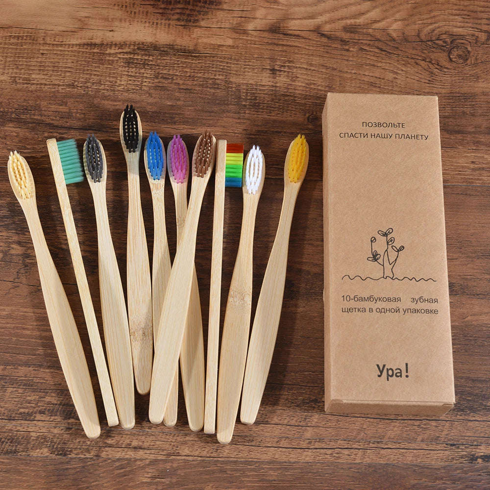 10PCS Bamboo Toothbrush Set Soft Charcoal Bristle Eco Dental Care