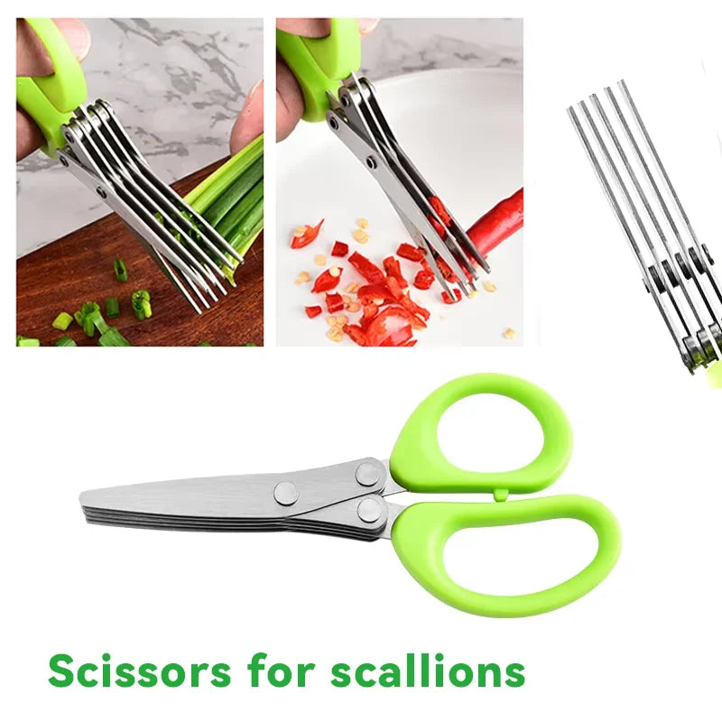 A set of kitchen scissors for slicing scallions, featuring bright green handles and stainless steel blades. The image includes a main product shot, two demonstration panels showing the scissors cutting green onions and chili peppers, a set of extra stainless steel blades, and green text reading 'Scissors for scallions' on a white background.