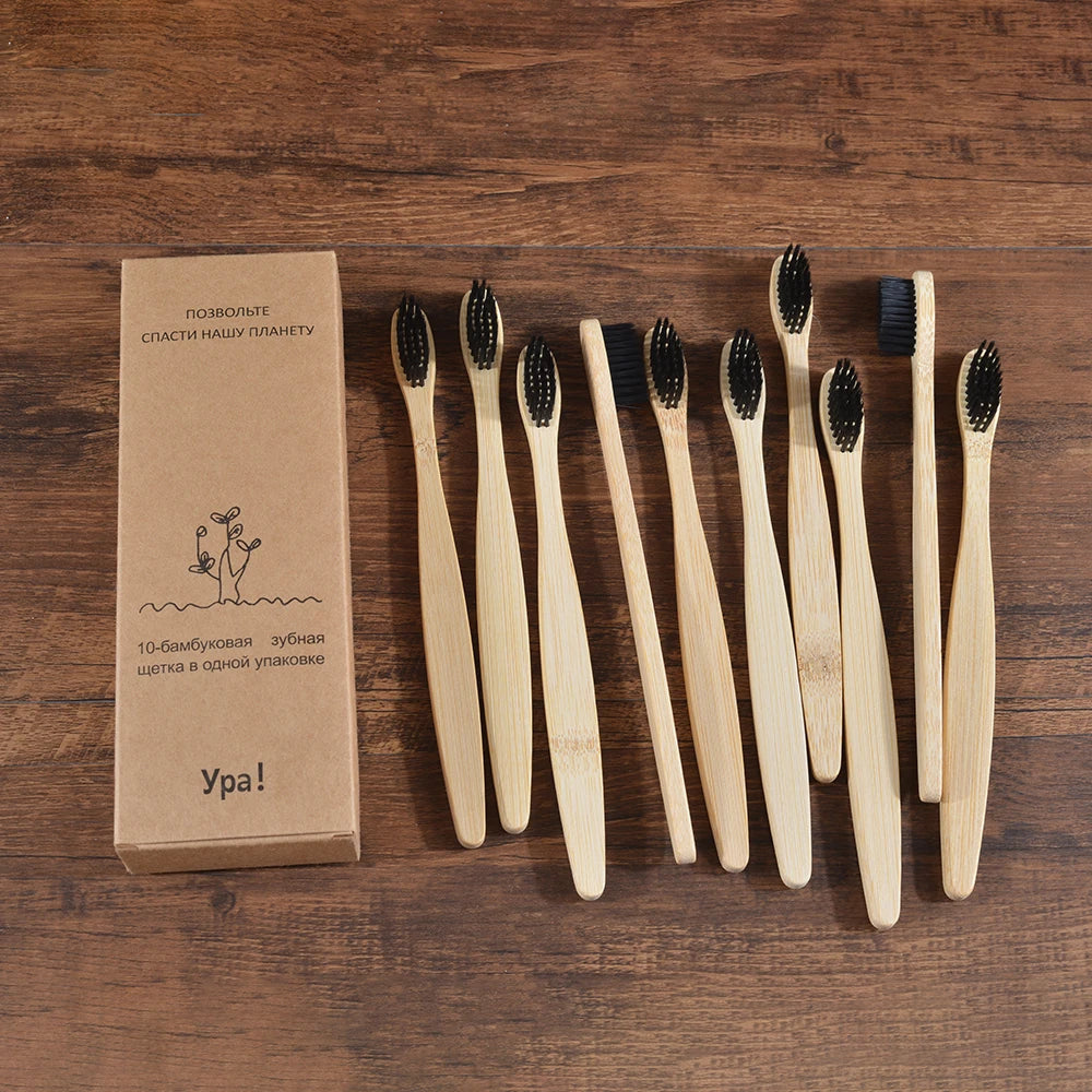 10PCS Bamboo Toothbrush Set Soft Charcoal Bristle Eco Dental Care