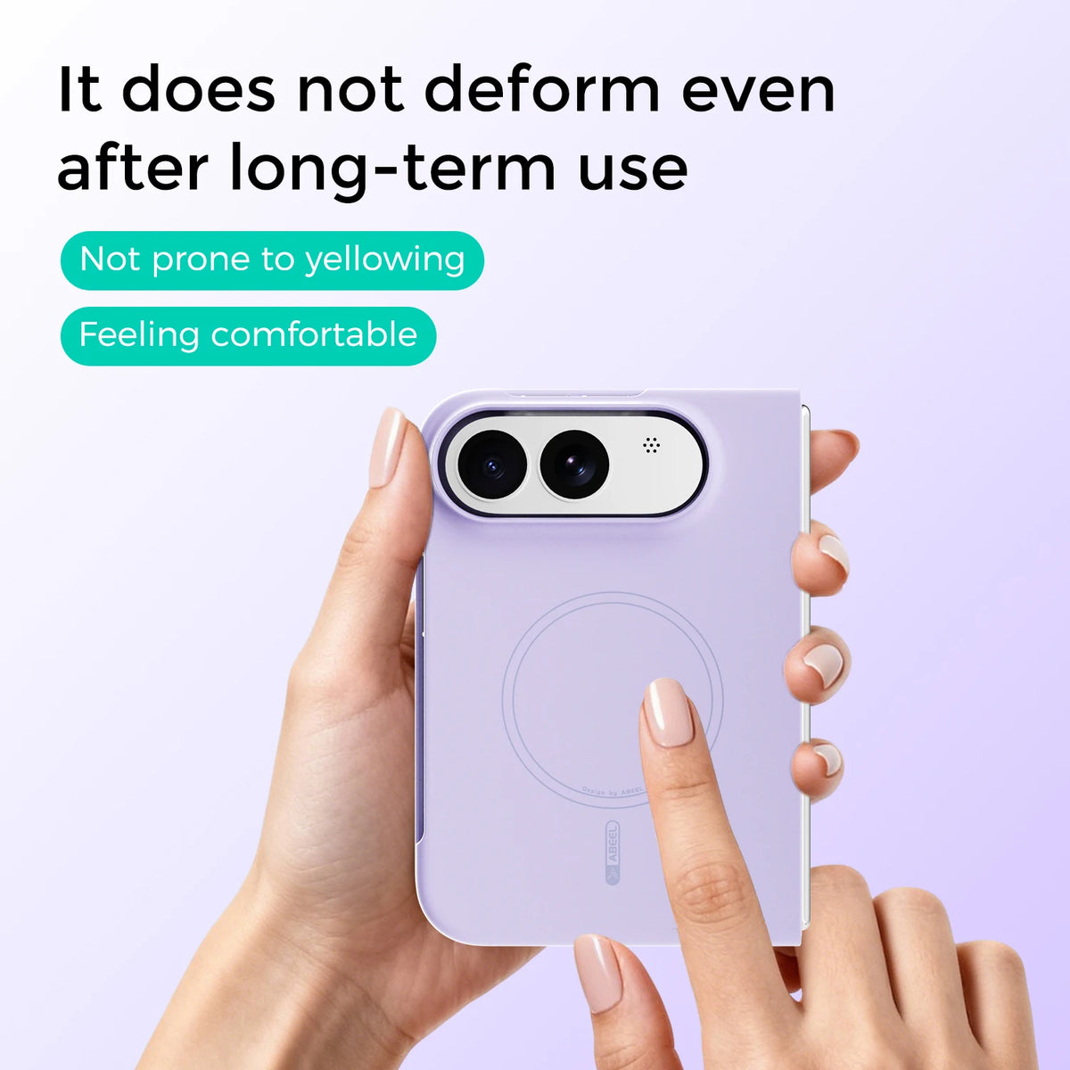 A hand holds a light purple phone case with a MagSafe ring, shown against a pale lavender background with promotional text about durability and comfort.