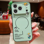 Green phone case with space-themed design held by a person in an indoor setting