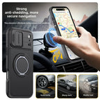 Black car phone mount and protective case set shown in a car interior scene, with a hand holding a smartphone near the mount. Text highlights anti-shedding and secure navigation, with three small inset images at the bottom showing use cases on speed bumps, sharp turns, and muddy roads.