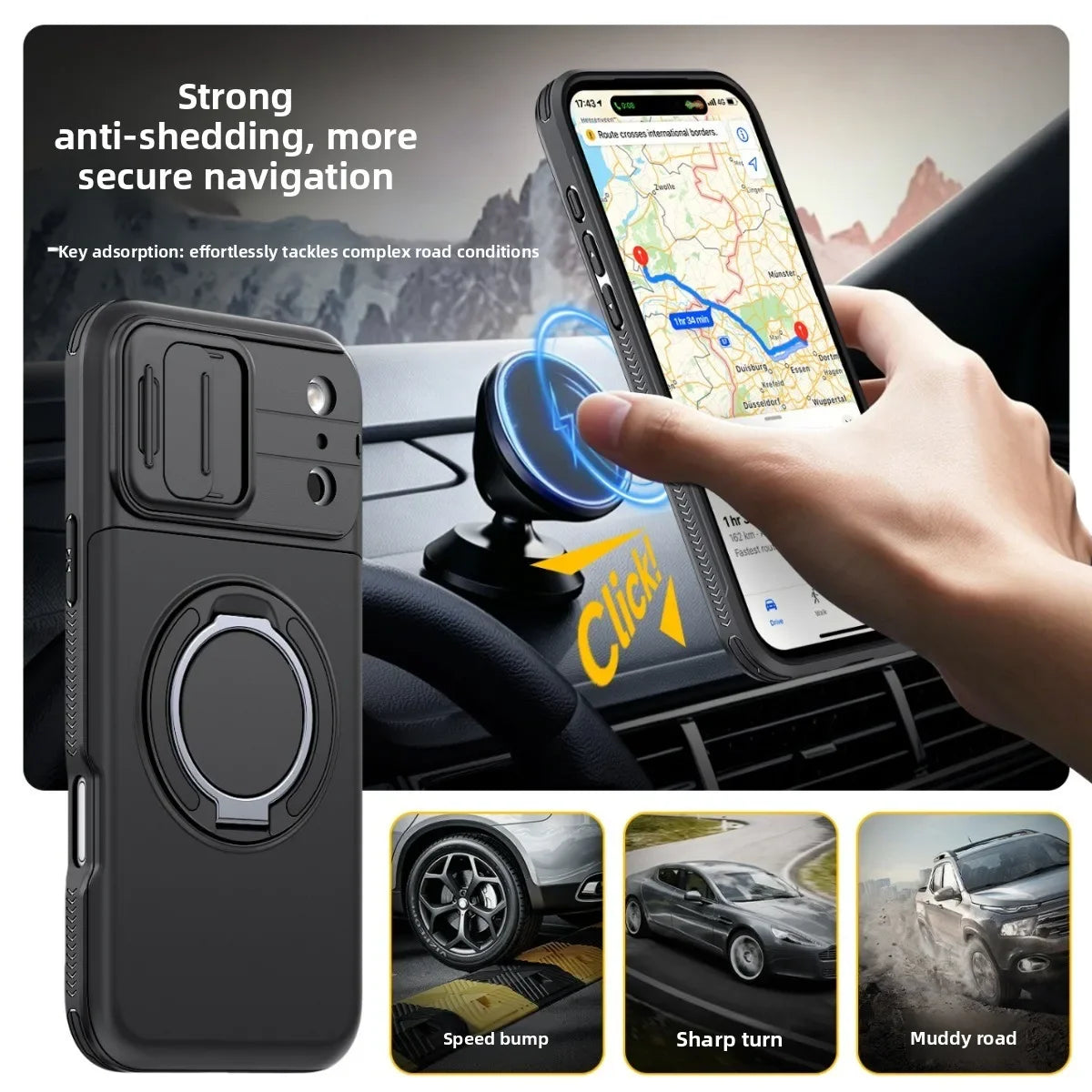 Black car phone mount and protective case set shown in a car interior scene, with a hand holding a smartphone near the mount. Text highlights anti-shedding and secure navigation, with three small inset images at the bottom showing use cases on speed bumps, sharp turns, and muddy roads.