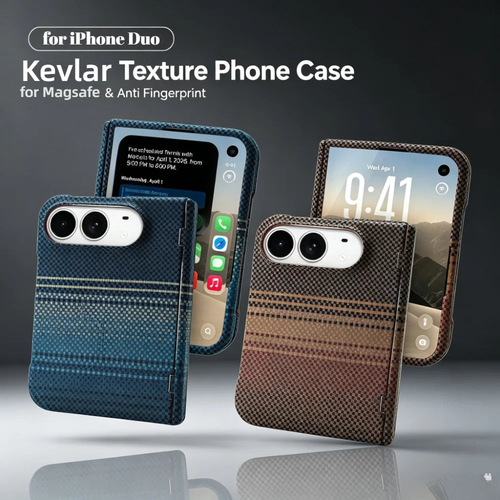 Three textured phone cases shown on smartphones against a dark gradient background, with text reading 'for iPhone Duo' and 'Kevlar Texture Phone Case for Magsafe & Anti Fingerprint.' The cases have a woven Kevlar-style pattern in blue and brown tones.