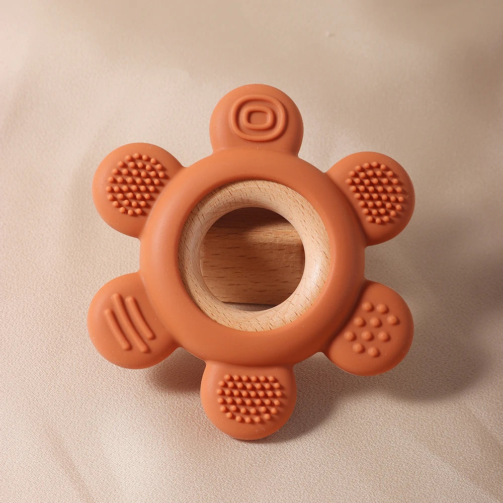Baby Wooden Flower Teether Food Grade Silicone Toy