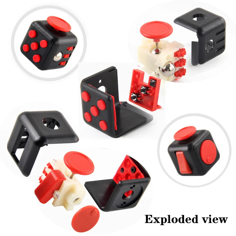 red and black fidget cube showing clickable buttons and smooth gears for sensory desk play