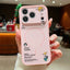 Pink phone case with space-themed design held by a person indoors.