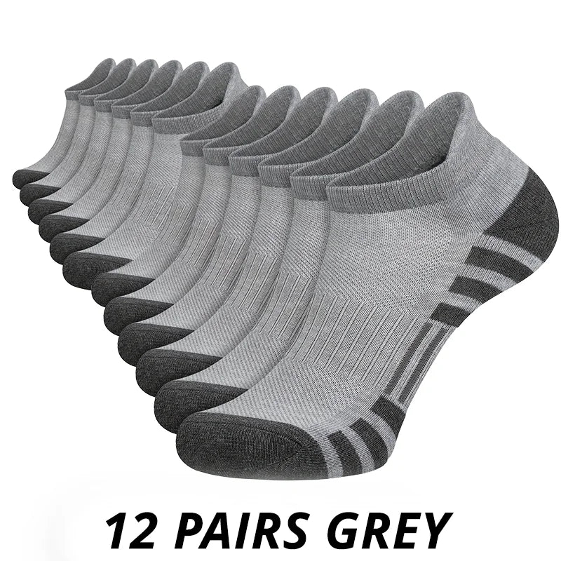 A stack of 12 pairs men's breathable casual ankle socks in grey color.