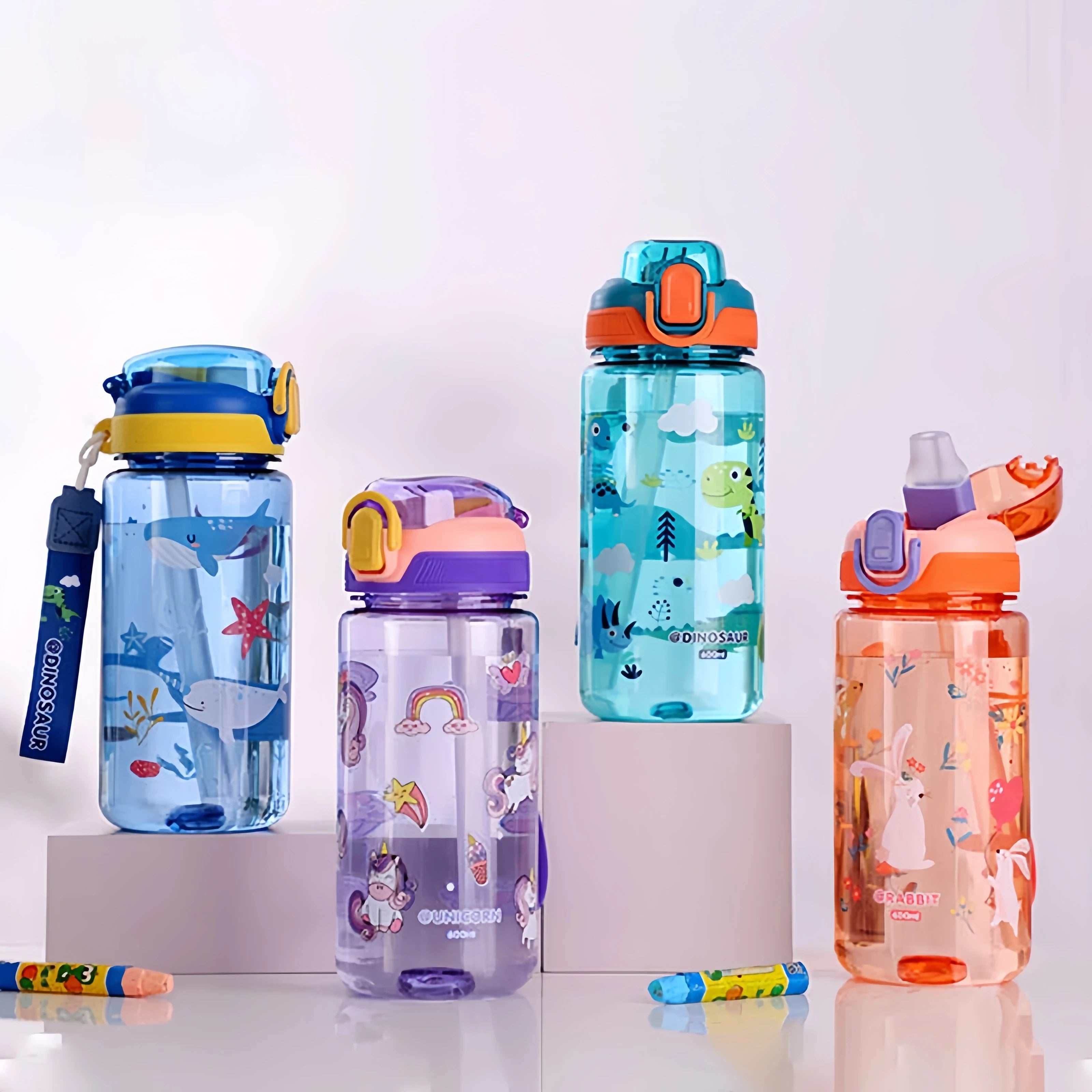 600ml Dinosaur Kids Water Bottle Leakproof Straw Cup