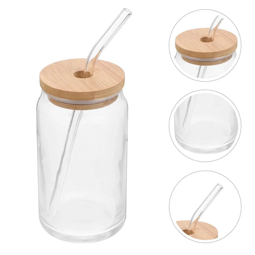Glass Mason Jar Cup with Bamboo Lid & Straw 350ml/550ml Drink Mug