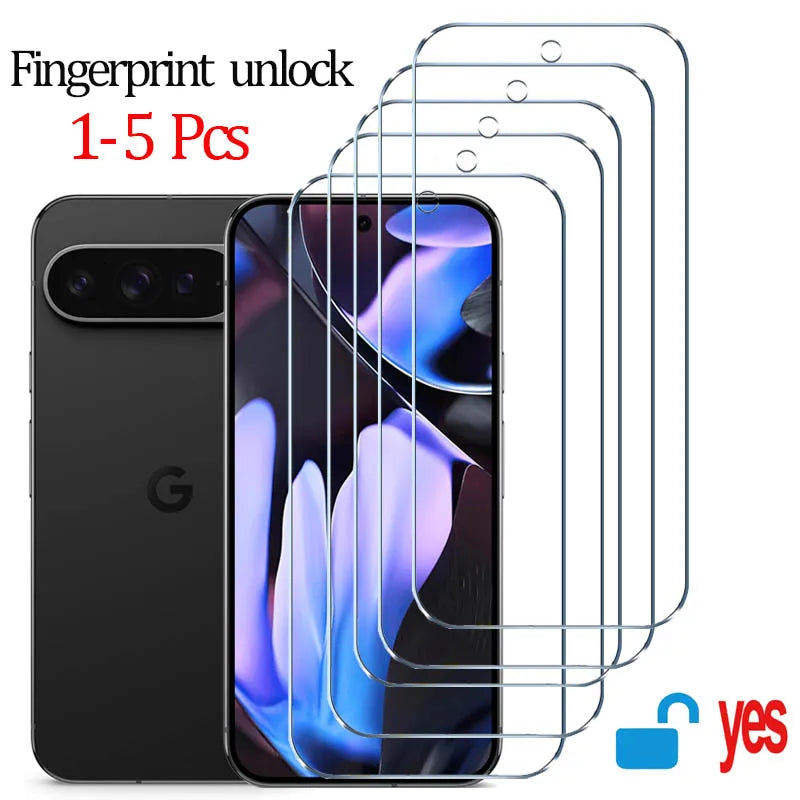 Five clear tempered glass screen protectors shown over the front of a black smartphone, with text reading 'Fingerprint unlock' and '1-5 Pcs' on a white background. The phone back with a Google 'G' logo is visible behind the protectors.