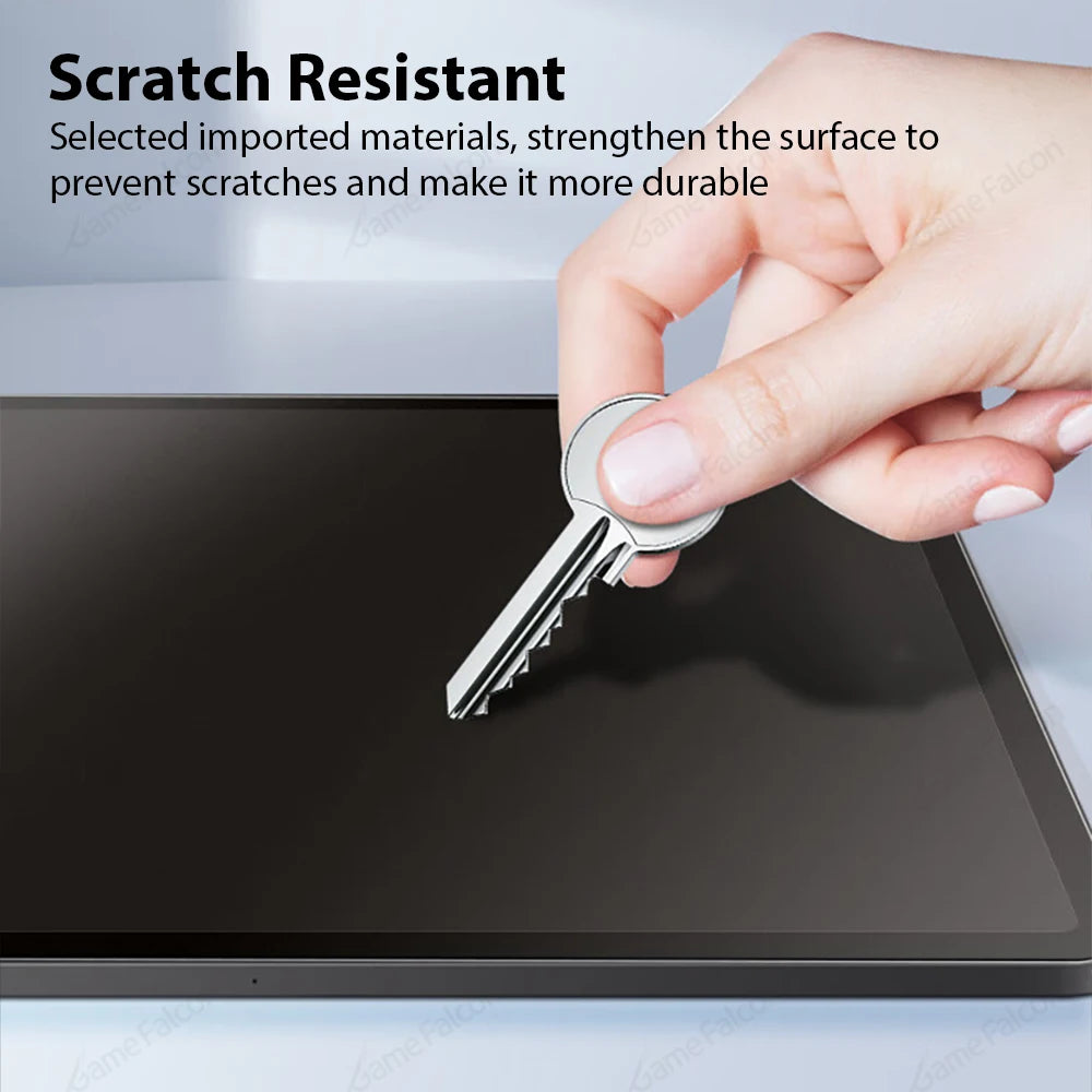 Hand holding a key over a scratch-resistant surface with text explaining its durability.