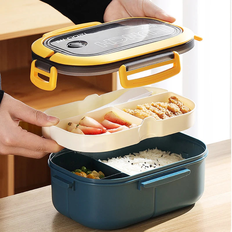 Portable Double Layer Lunch Box Microwave Safe Bento Food Container with Cutlery