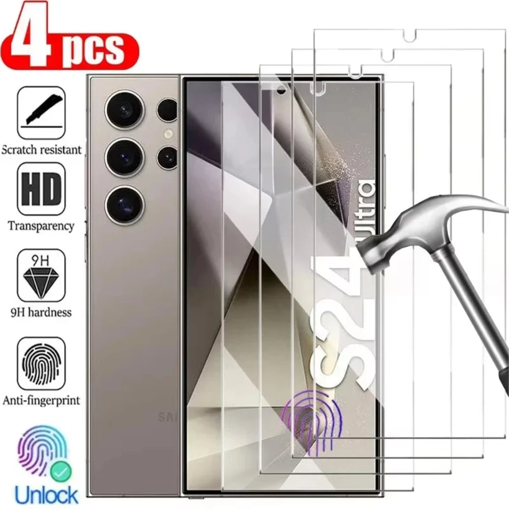 Four clear tempered glass screen protectors shown over a smartphone, with a hammer graphic and feature icons for scratch resistance, HD transparency, 9H hardness, and anti-fingerprint. The image includes a large '4 pcs' badge and 'Unlock' icon.