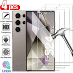 Four clear tempered glass screen protectors shown over a smartphone, with a hammer graphic and feature icons for scratch resistance, HD transparency, 9H hardness, and anti-fingerprint. The image includes a large '4 pcs' badge and 'Unlock' icon.