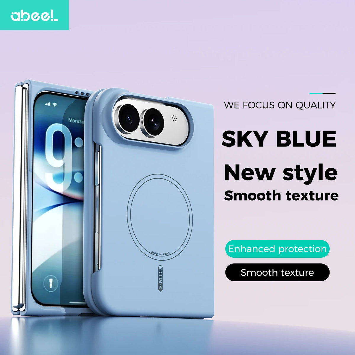 A light sky blue phone case shown on a smartphone, with the back of the case featured prominently. The case has a circular MagSafe-style ring, a camera cutout with a metallic ring accent, and a smooth textured finish.
