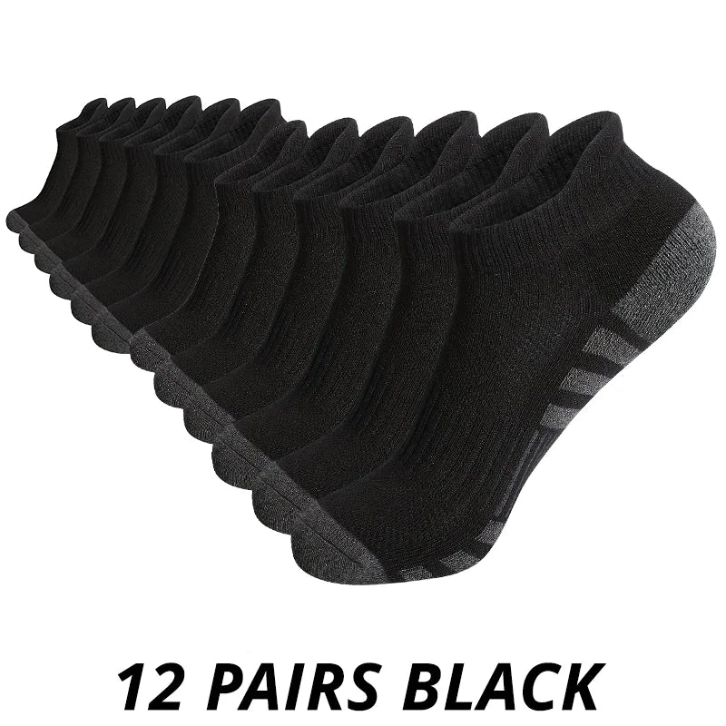 12 pairs of men's low cut mesh breathable sports socks in solid black color.