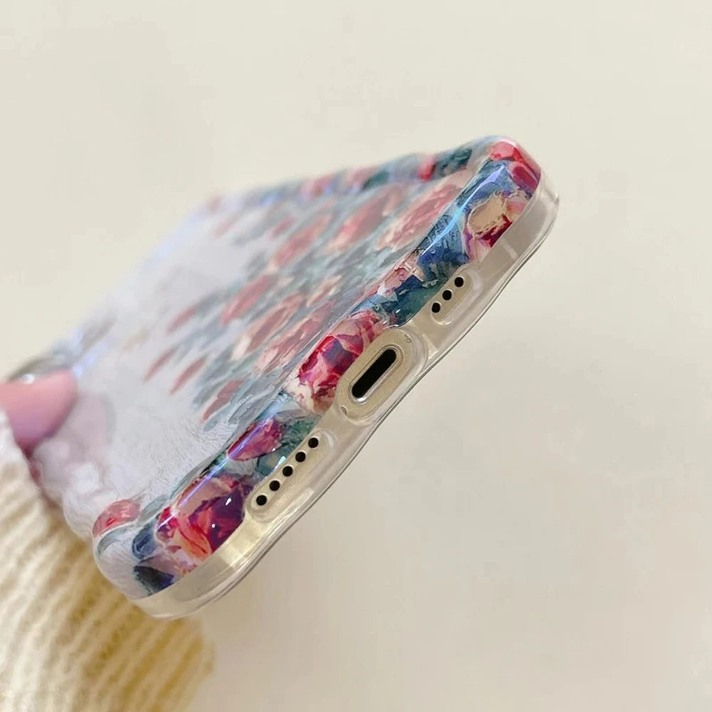 Retro Oil Painting Flower Case for iPhone 16 15 14 13 12 11 Pro Max