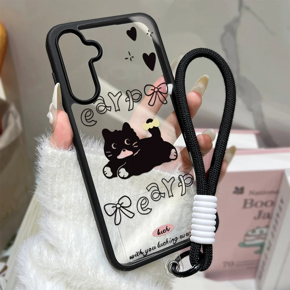 Cute Cat Wrist Strap Case For Samsung A26 A36 A56 S24 S25 S26 Ultra
