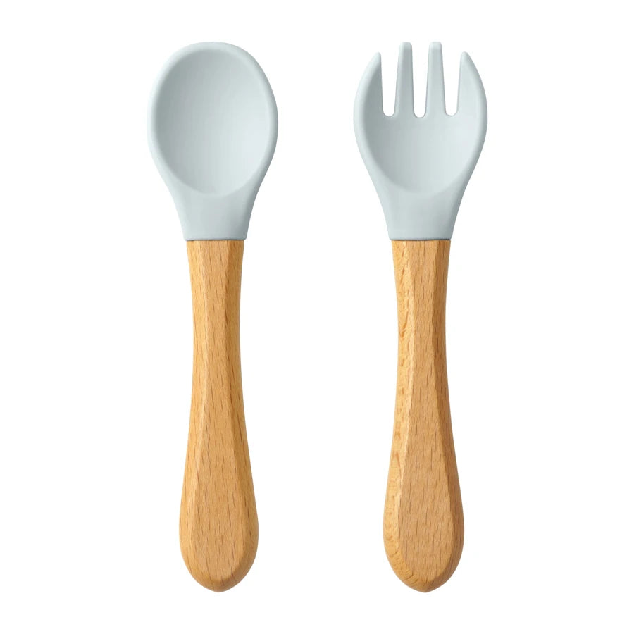 2PCS Baby Learning Spoon & Fork Set Wooden Handle Silicone Cutlery
