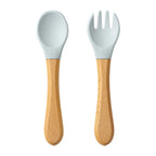 2PCS Baby Learning Spoon & Fork Set Wooden Handle Silicone Cutlery