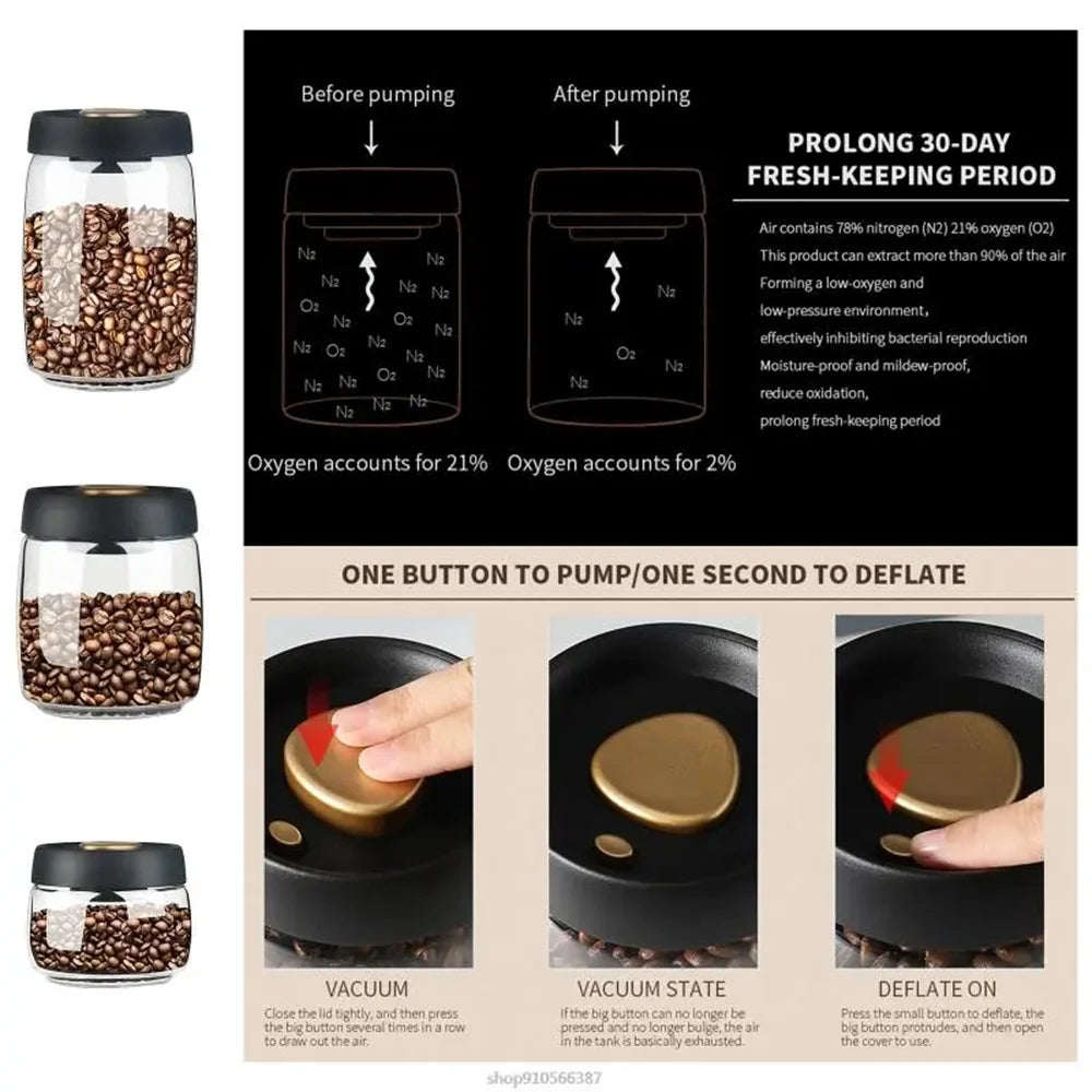 Vacuum Glass Coffee Storage Jar Airtight Coffee Bean & Tea Canister