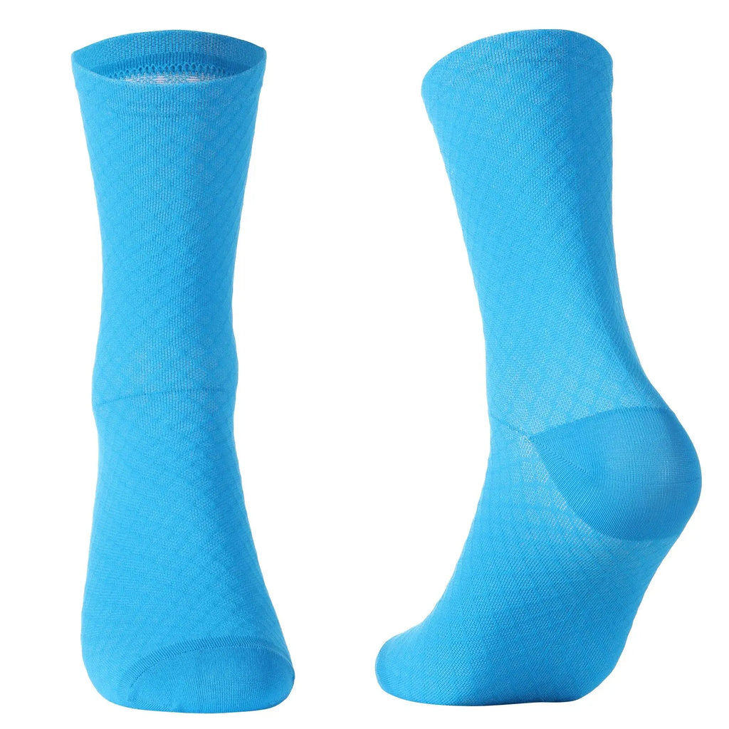 Unisex breathable cycling socks in bright blue color for outdoor sports and high performance bicycle racing