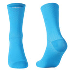 Unisex breathable cycling socks in bright blue color for outdoor sports and high performance bicycle racing