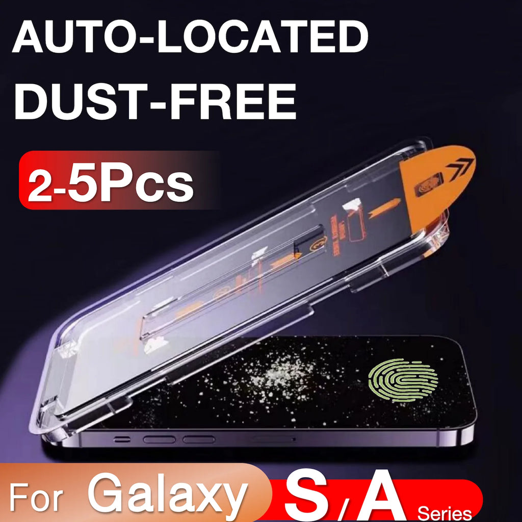 A clear automatic dust-free screen protector set shown above a smartphone, with large text reading 'AUTO-LOCATED DUST-FREE 2-5Pcs' and 'For Galaxy S/A Series' on a dark background.