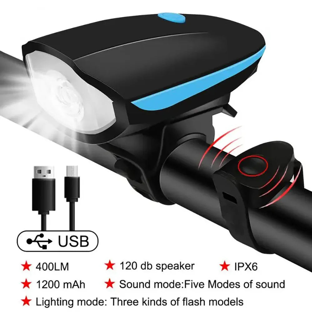 USB Rechargeable Bike Light with Horn Waterproof Headlight