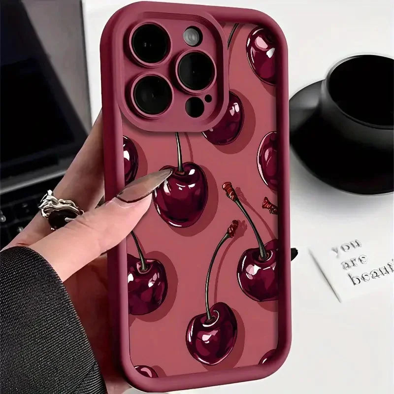 Cherry Print Silicone Case for iPhone 11 12 13 14 15 16 17 Air