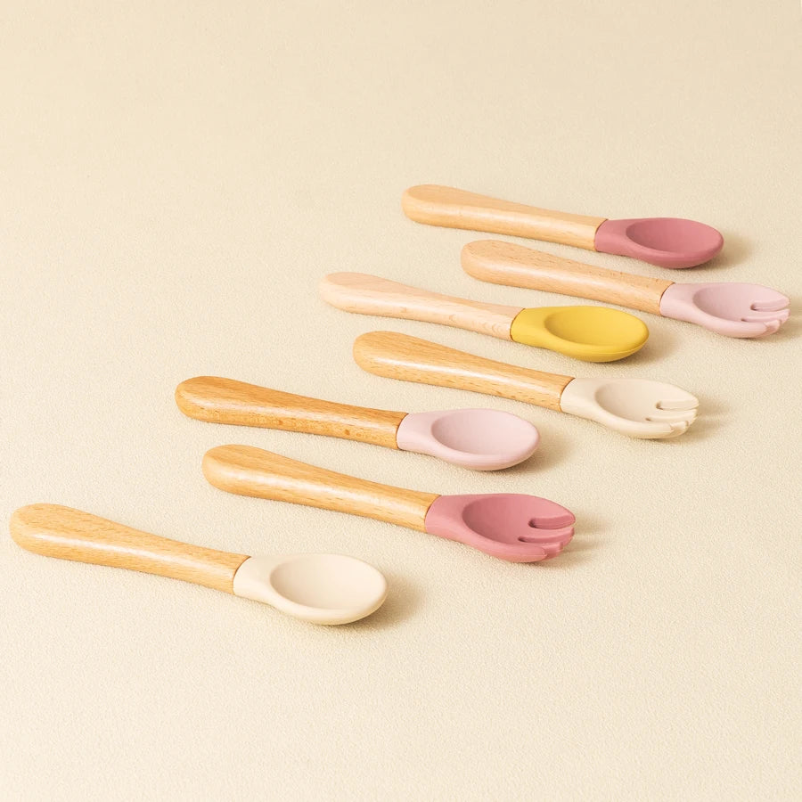 2PCS Baby Learning Spoon & Fork Set Wooden Handle Silicone Cutlery Main image