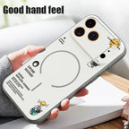 Phone case with cartoon designs and text held by a hand