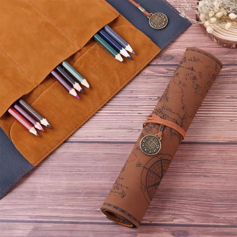 Vintage Treasure Map Pencil Case Leather Roll Stationery Bag