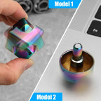 hands demonstrating the spinning action of metal fidget spinner cube for focus and anxiety relief