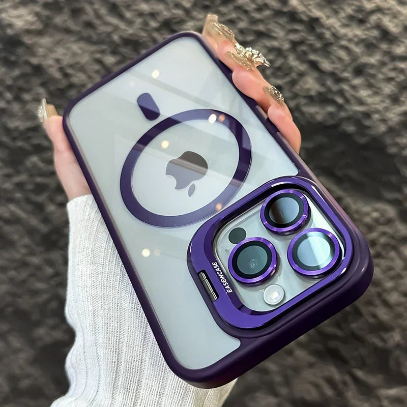 Luxury Magnetic Stand Case with Lens Guard for iPhone 16 15 14 Pro Max