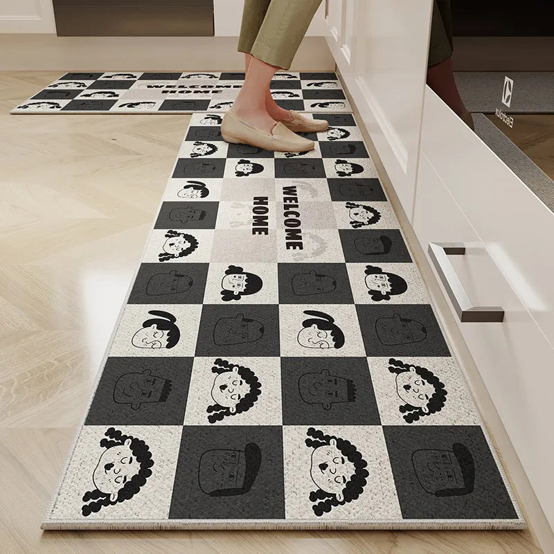 VIKAMA Kitchen Floor Mat Cartoon Dirt Resistant Non-Slip Velvet Carpet