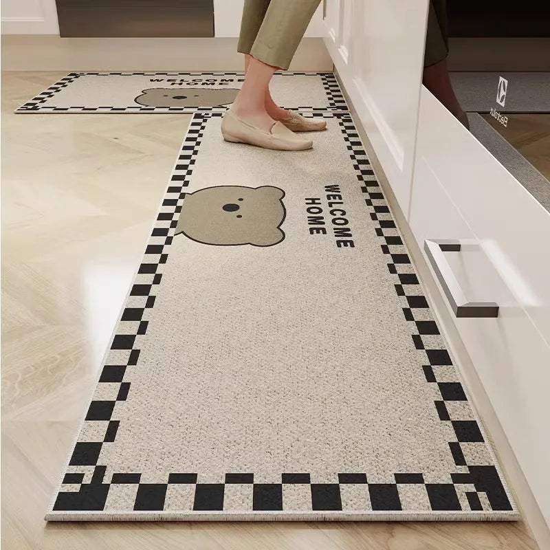 VIKAMA Kitchen Floor Mat Cartoon Dirt Resistant Non-Slip Velvet Carpet